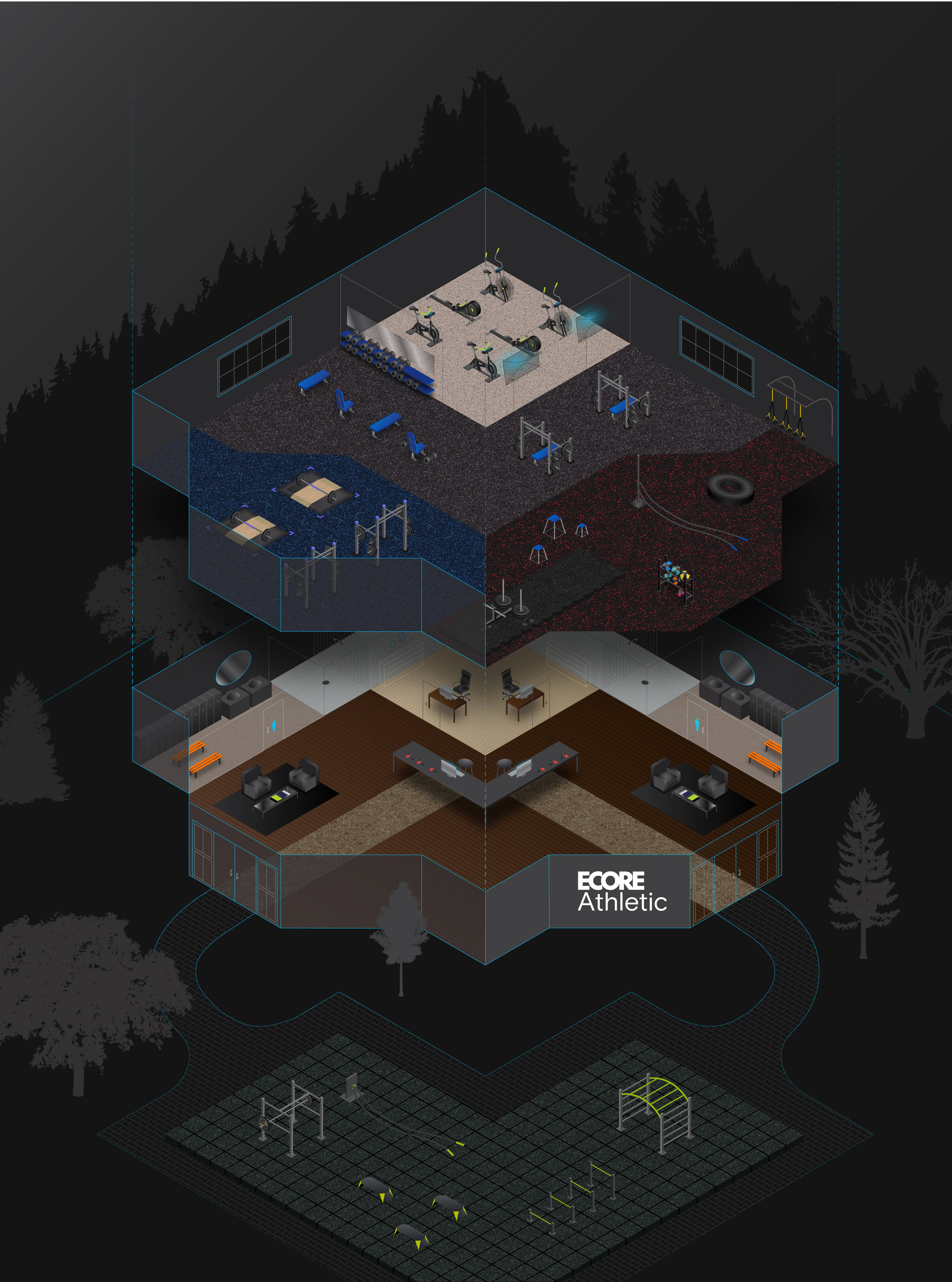 Blueprint of strength and conditioning facility featuring Ecore flooring options in each room or space