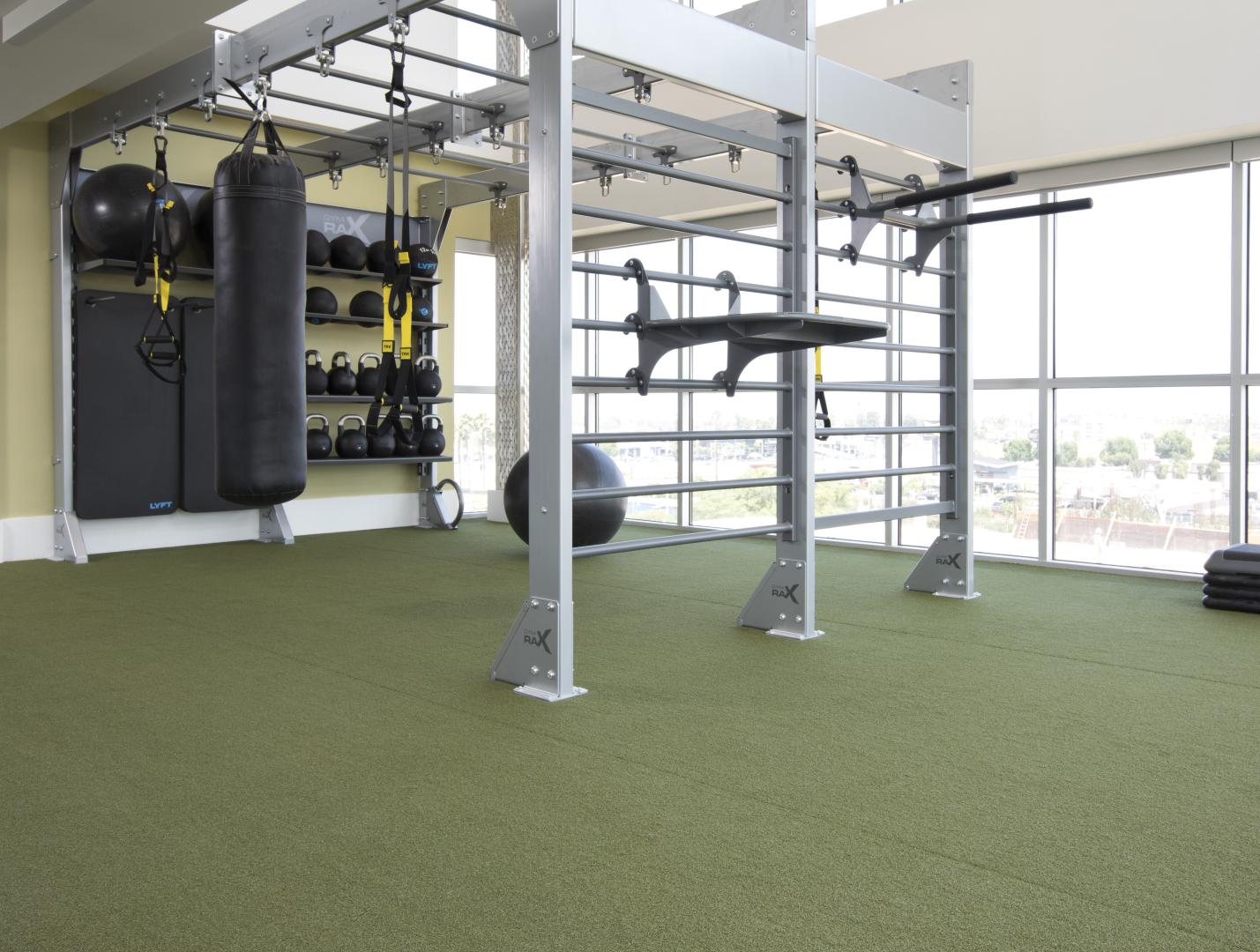 A well-equipped gym featuring a variety of workout machines, free weights, and exercise accessories throughout the room with a RageTurf floor.