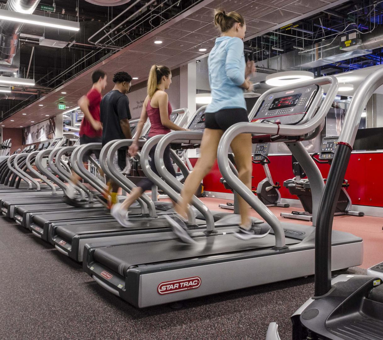 Group of people running on treadmills in a modern gym.