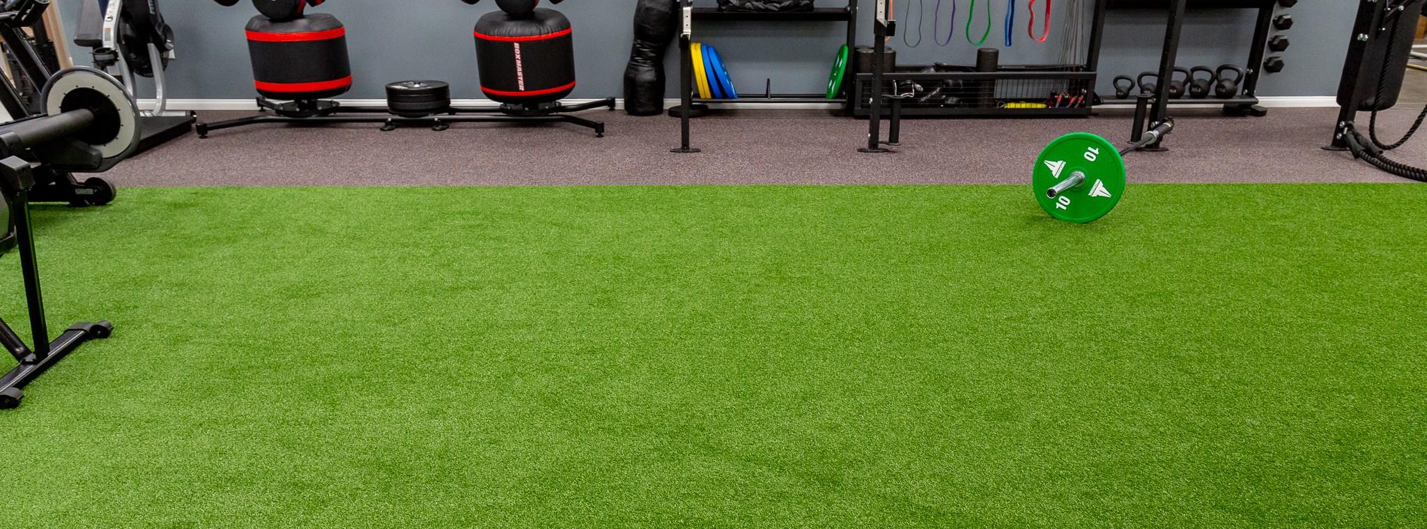 Well-equipped gym with green turf floor, weights, and various exercise equipment.