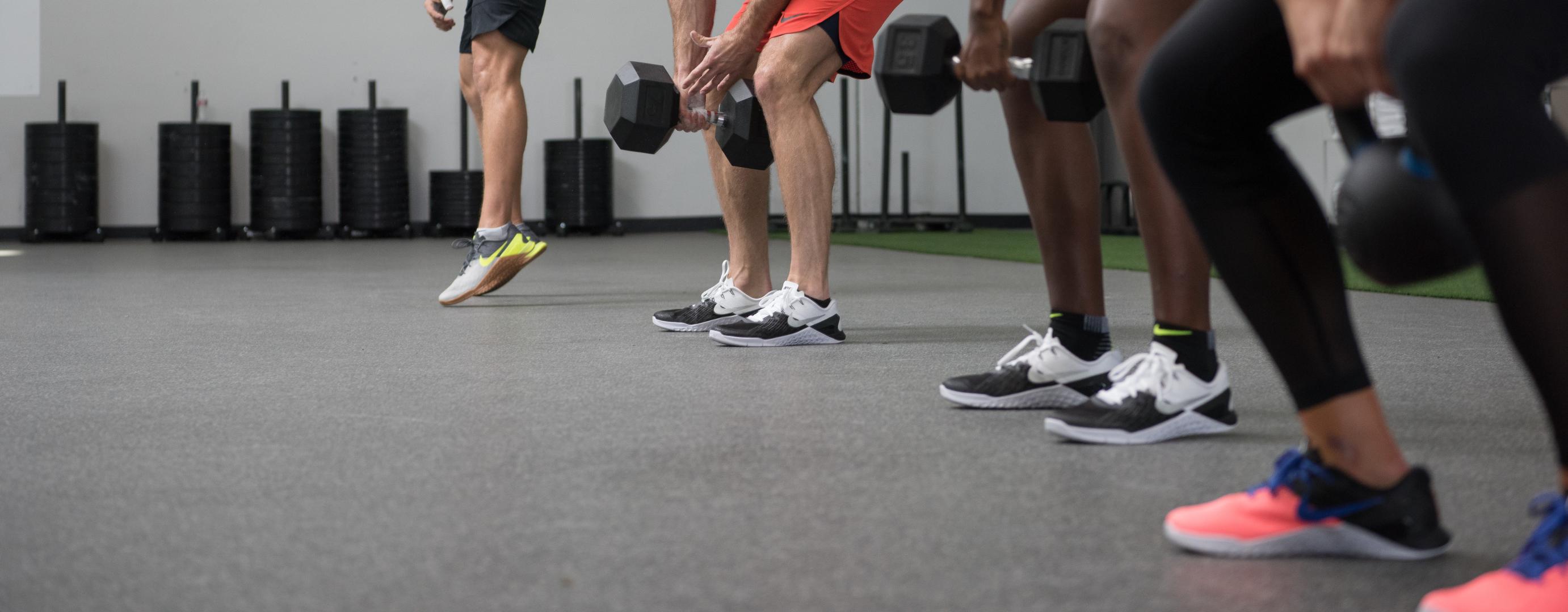 Group of adults performing dumbbell exercises in a fitness class.