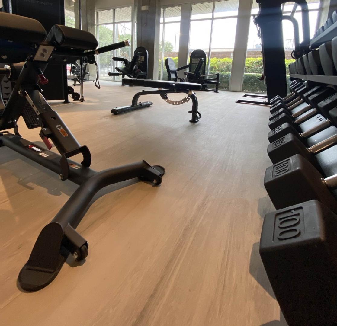 A gym scene showing dumb bells and other equipment
