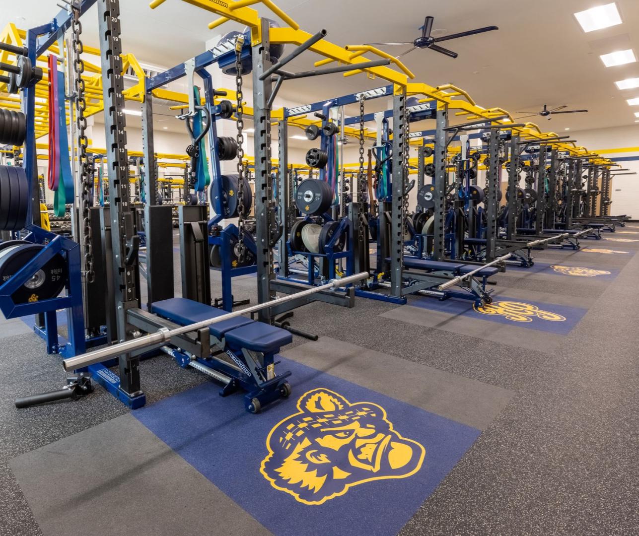 A fitness center with lifting platforms lining the room and gym flooring with inlaid logos