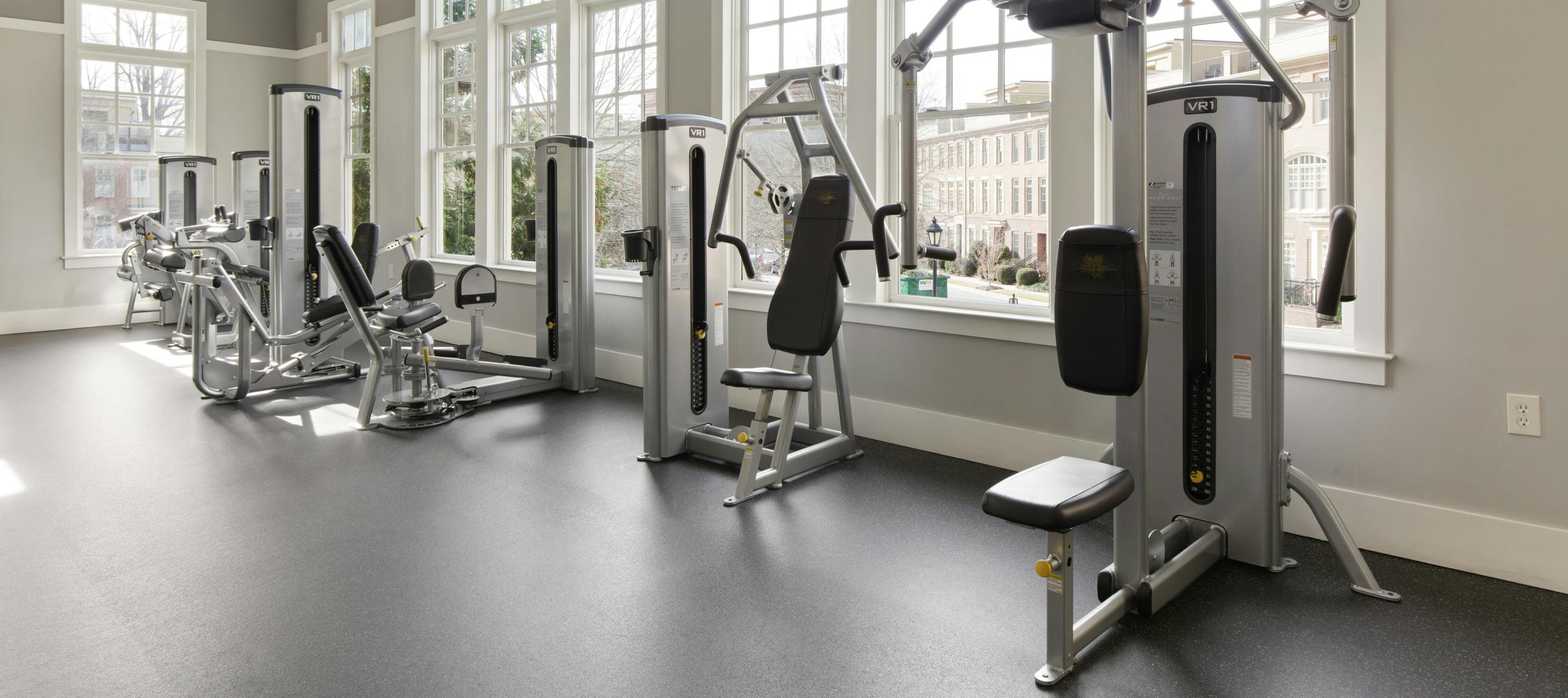 A gym featuring selectorized strength machines