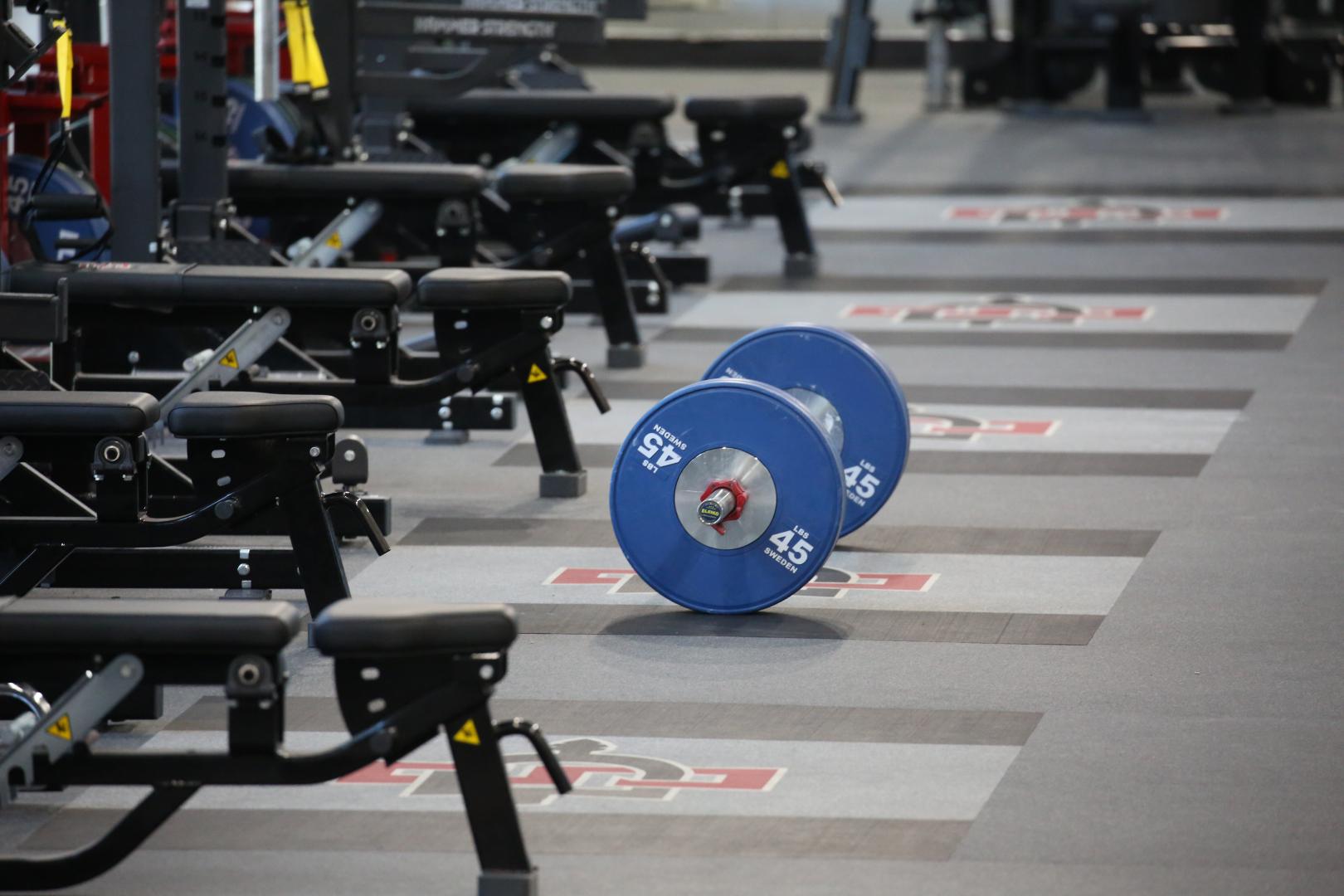A barbell and weights on a weight floor platform floor