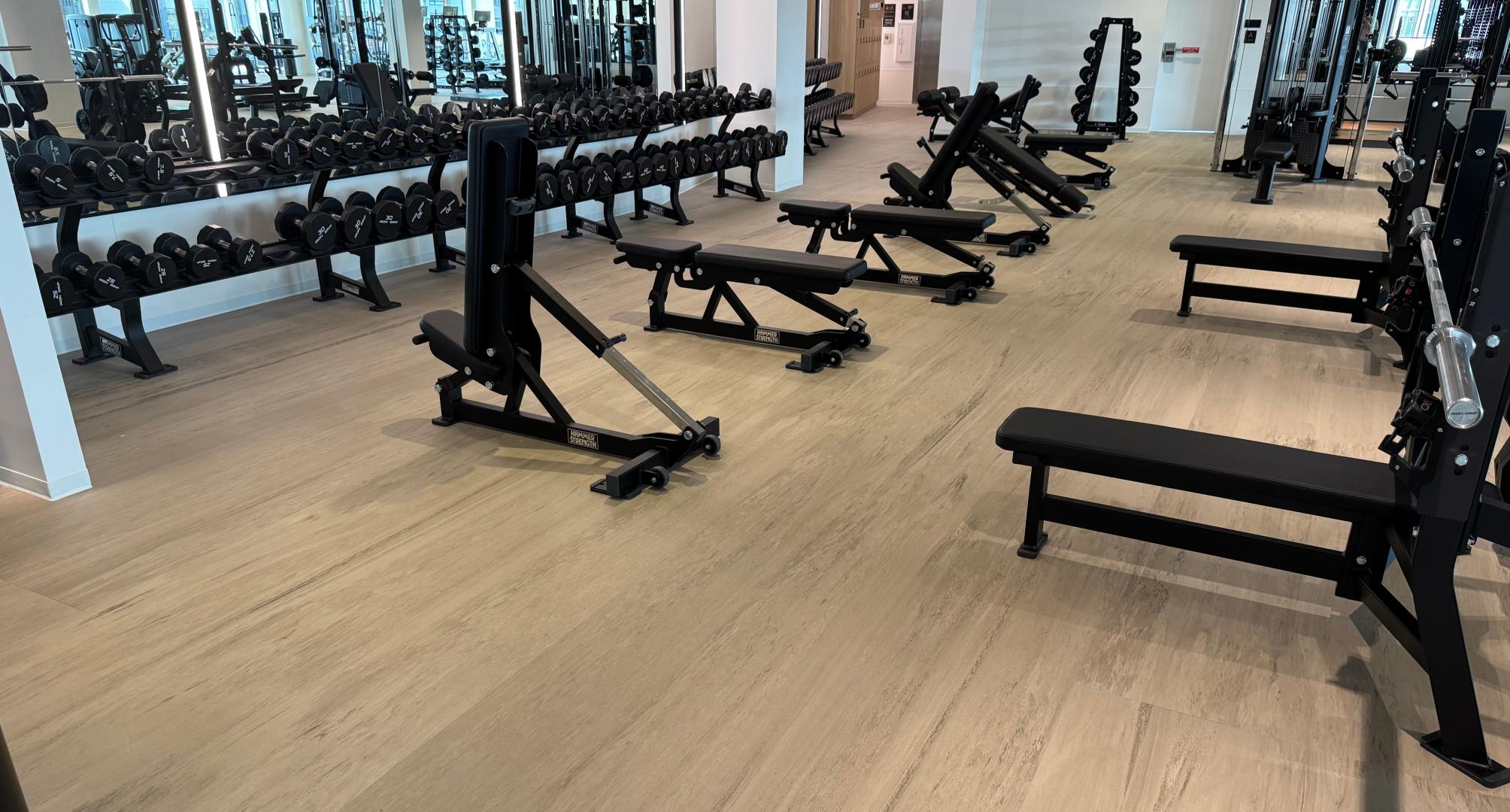 Adjustable gym benches near a barbell setup in a fitness space.