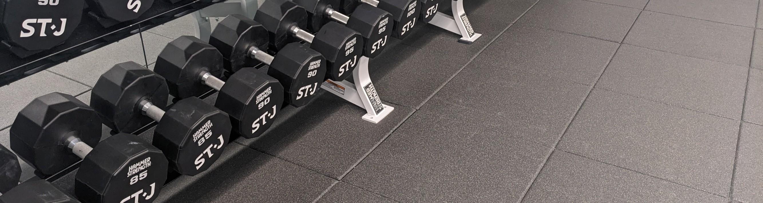 A rack of dumbells placed on Performance dBTiles